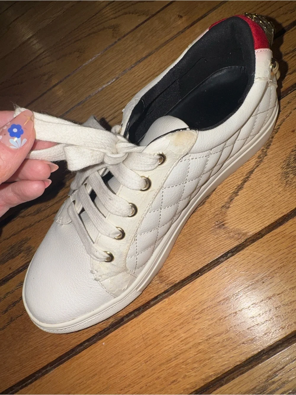 Kurt Geiger Quilted White Lace-Up Sneakers with Red Heel Tab